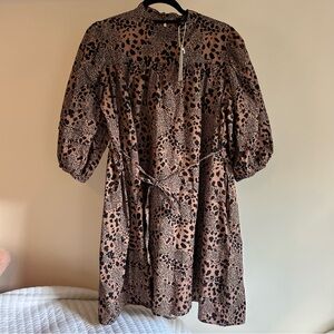 NWT Aligne Glossy Mixed Leopard Print Puff Sleeve Tie Waist Dress‎ UK-14=US10